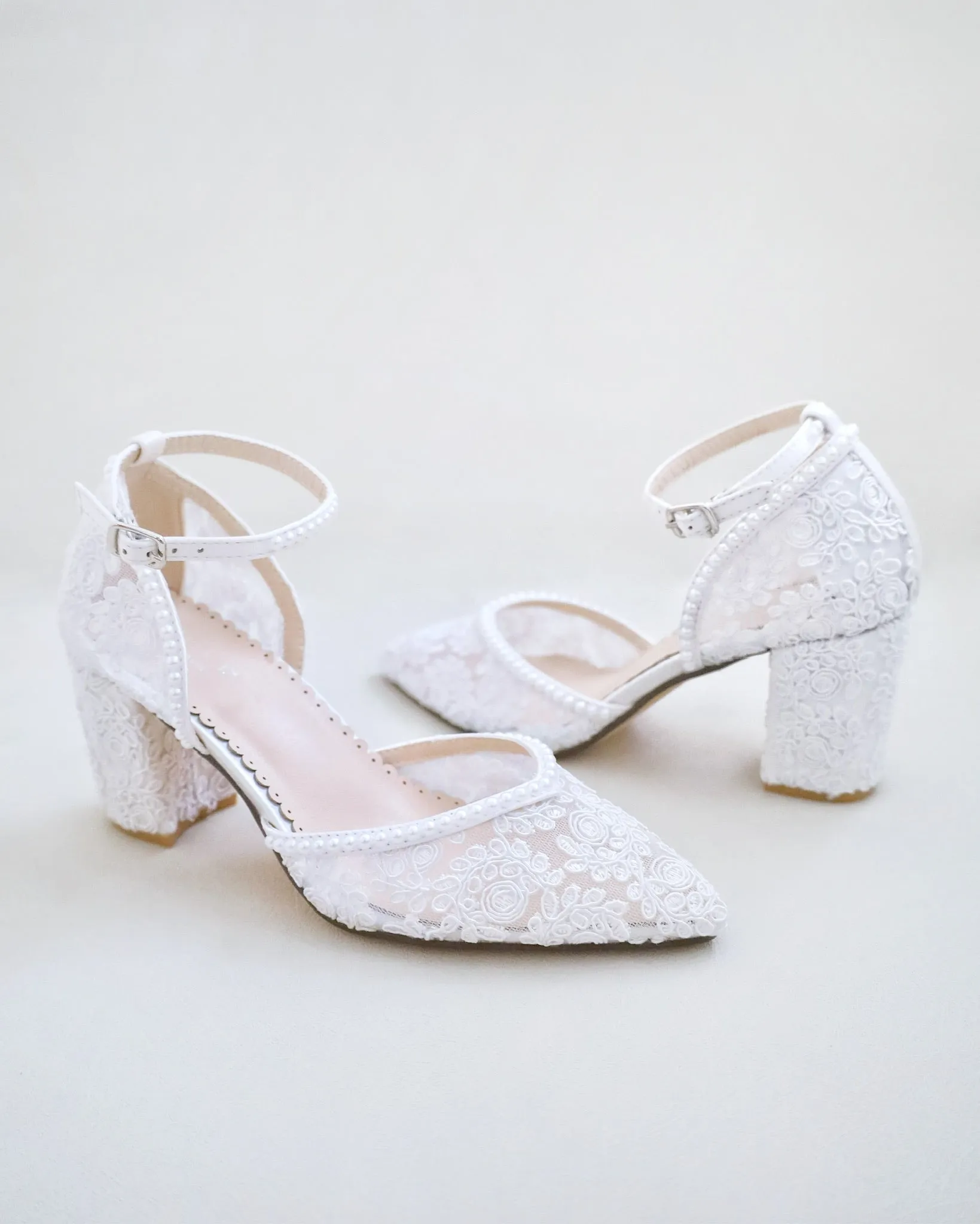 Bridal Lace Block Heel with Mini Pearls