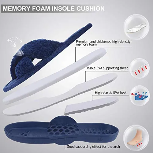 DL Women's Open Toe Cross Band Slippers, Memory Foam Slip on Home Slippers for Women with Indoor Outdoor Arch Support Rubber Sole, Navy, 9-10