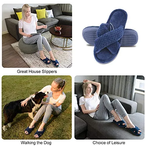 DL Women's Open Toe Cross Band Slippers, Memory Foam Slip on Home Slippers for Women with Indoor Outdoor Arch Support Rubber Sole, Navy, 9-10