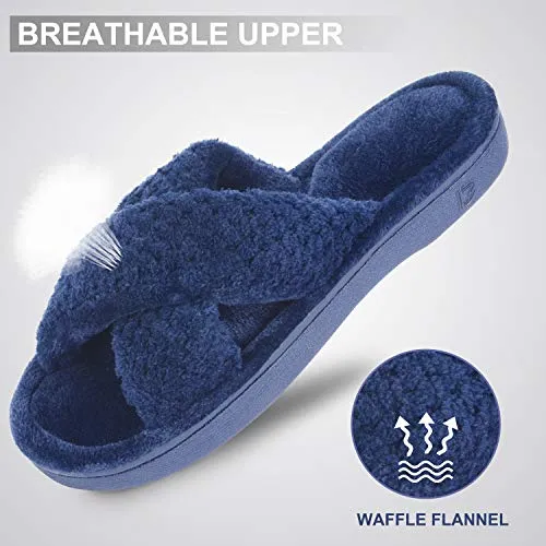 DL Women's Open Toe Cross Band Slippers, Memory Foam Slip on Home Slippers for Women with Indoor Outdoor Arch Support Rubber Sole, Navy, 9-10