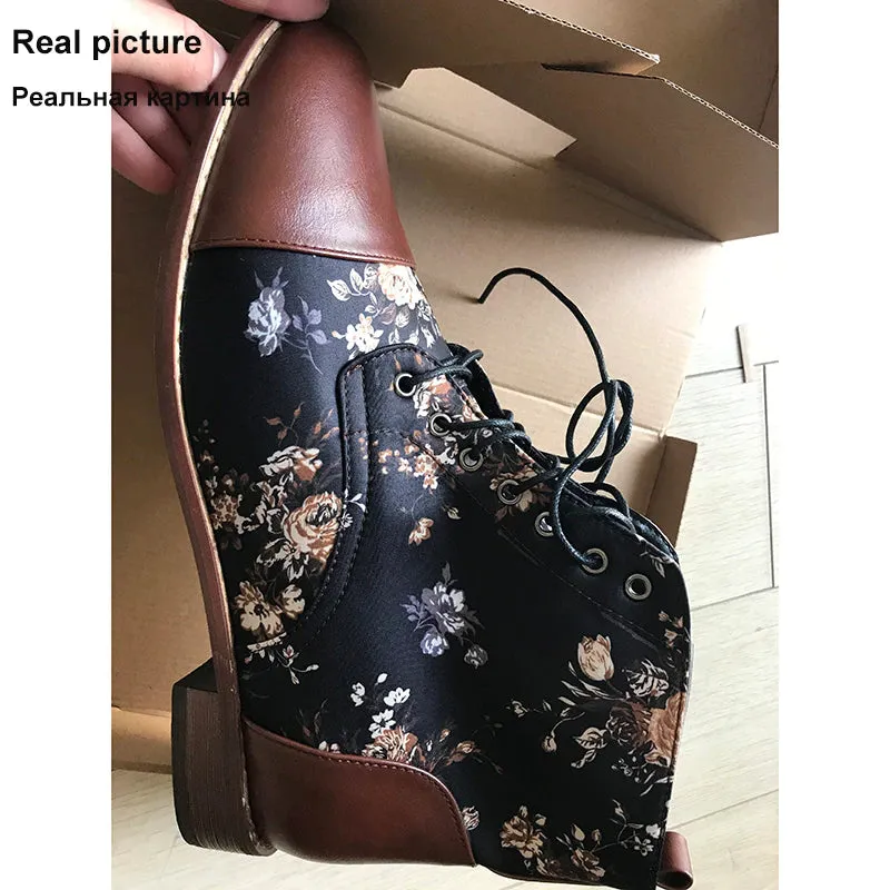 Floral Print and Leather Ankle Boots