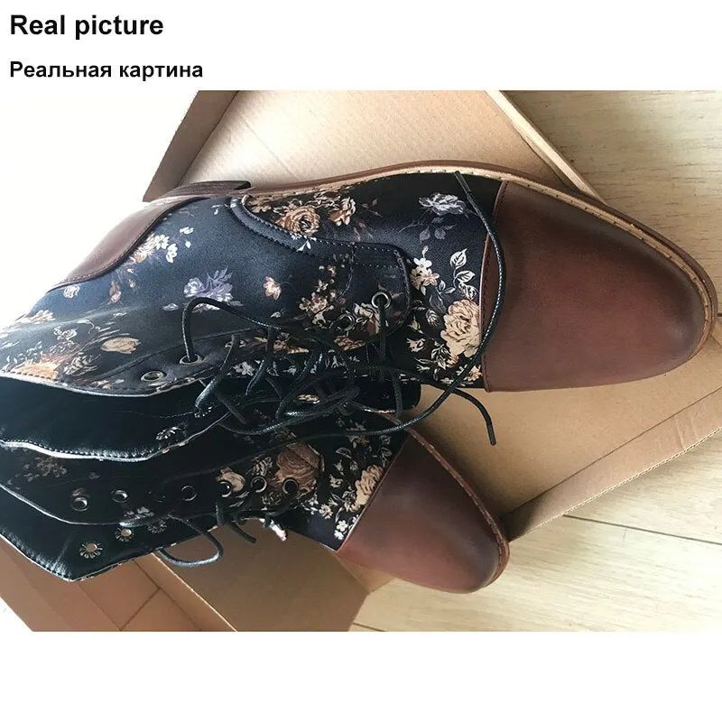 Floral Print and Leather Ankle Boots