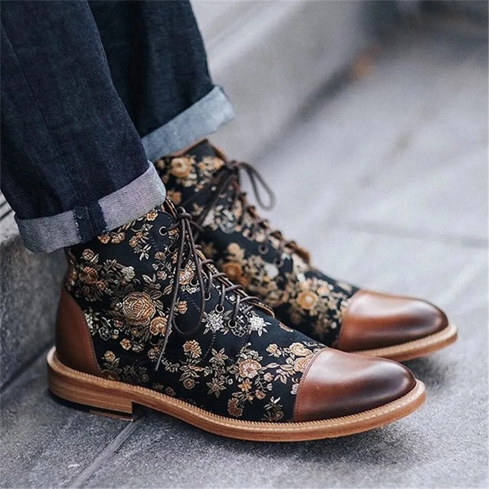 Floral Print and Leather Ankle Boots