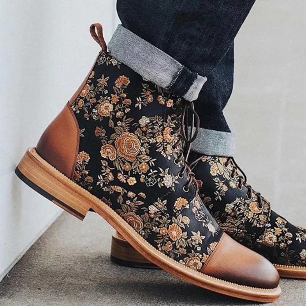 Floral Print and Leather Ankle Boots