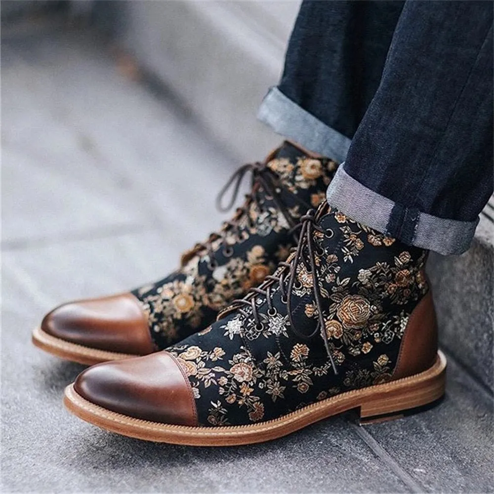 Floral Print and Leather Ankle Boots