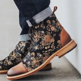 Floral Print and Leather Ankle Boots