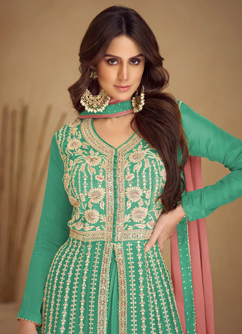 Green And Peach Traditional Embroidered Wedding Anarkali Lehenga