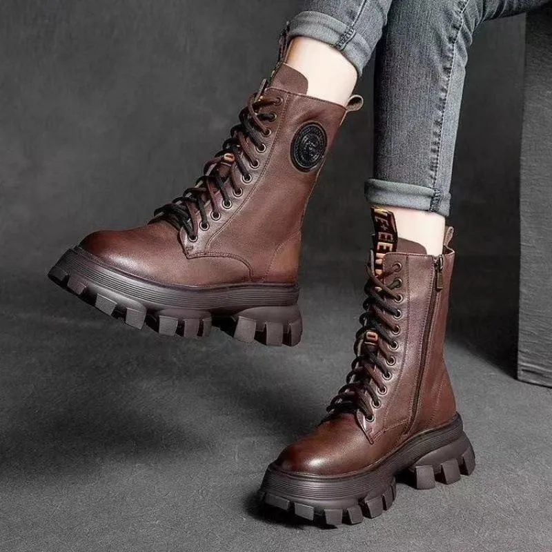 Handmade warm leather platform boots