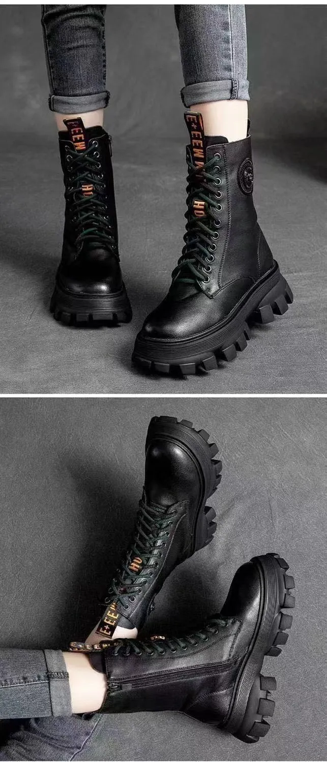 Handmade warm leather platform boots