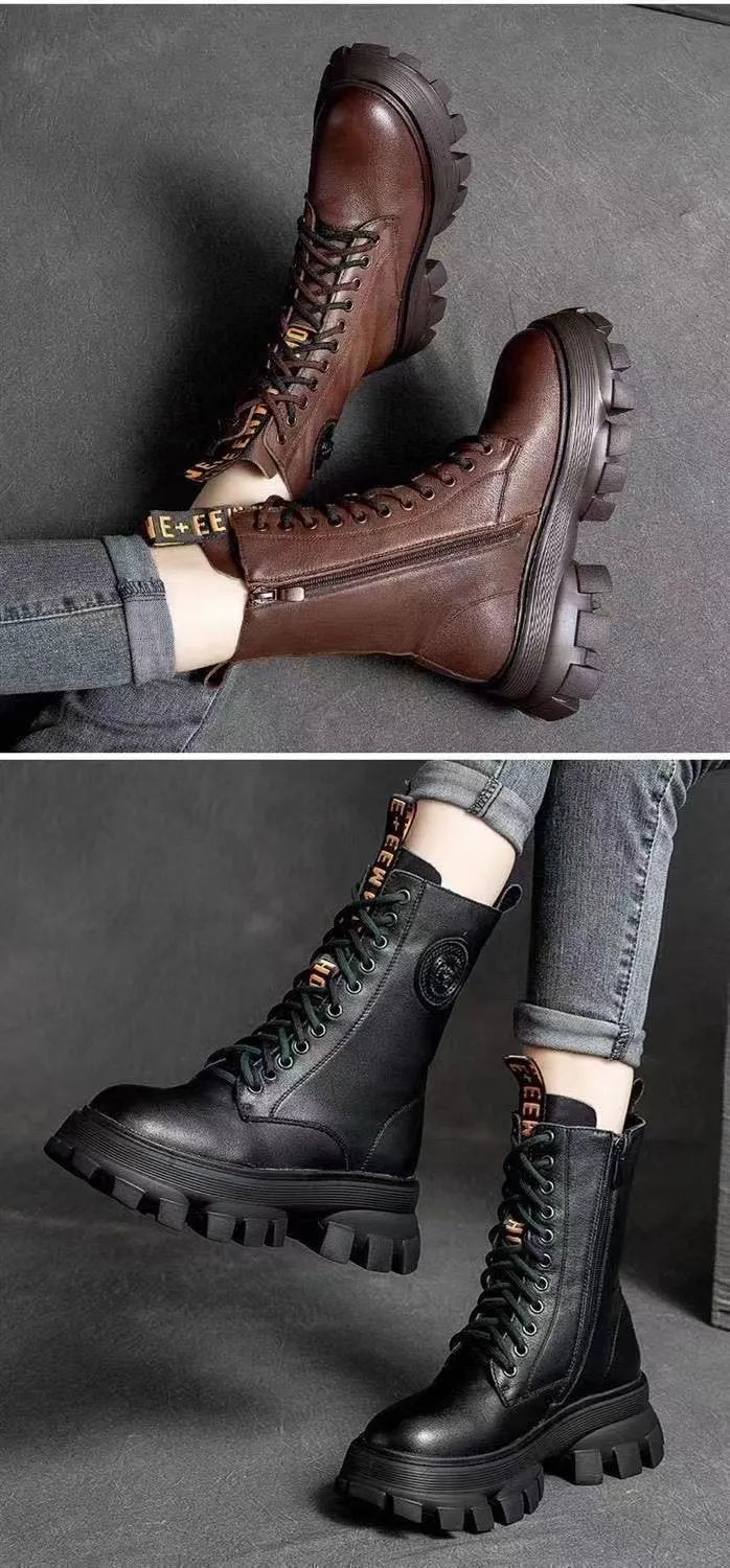 Handmade warm leather platform boots