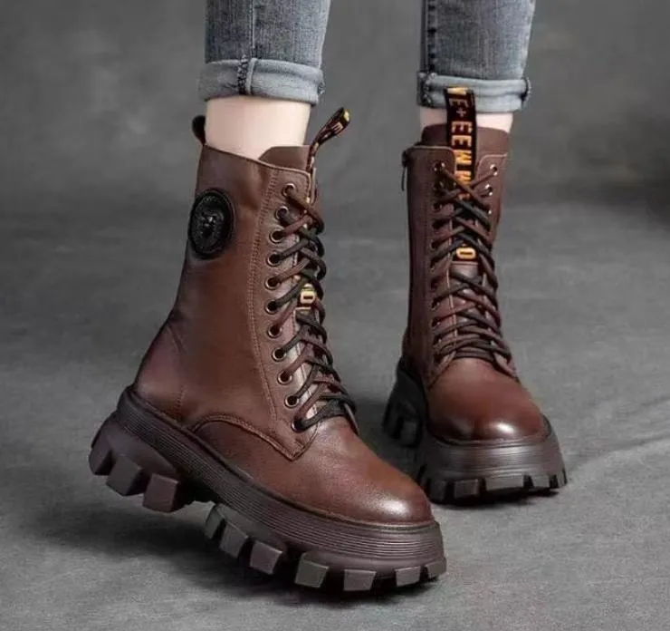 Handmade warm leather platform boots