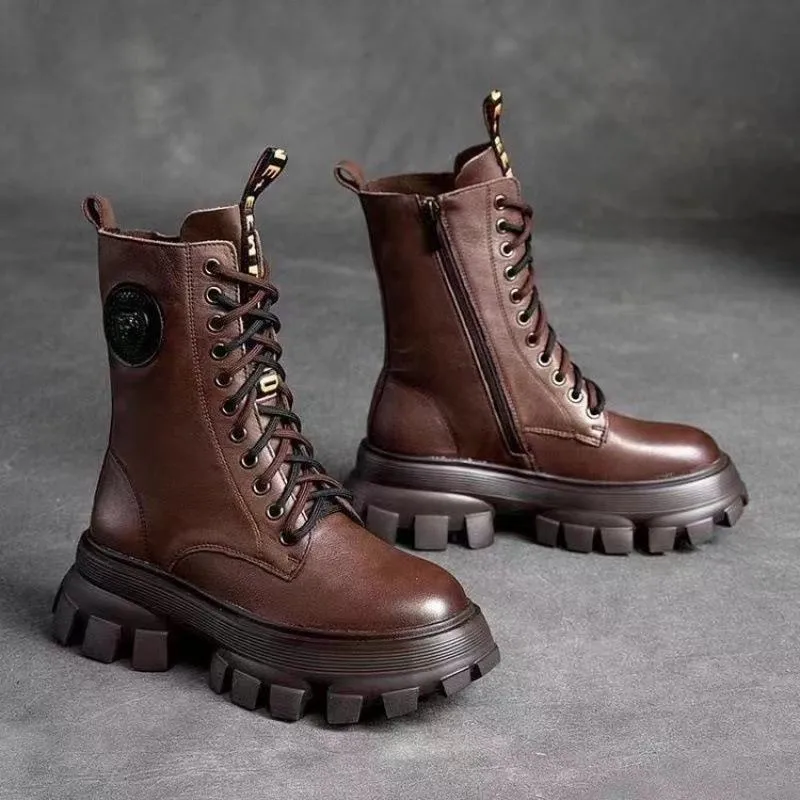 Handmade warm leather platform boots