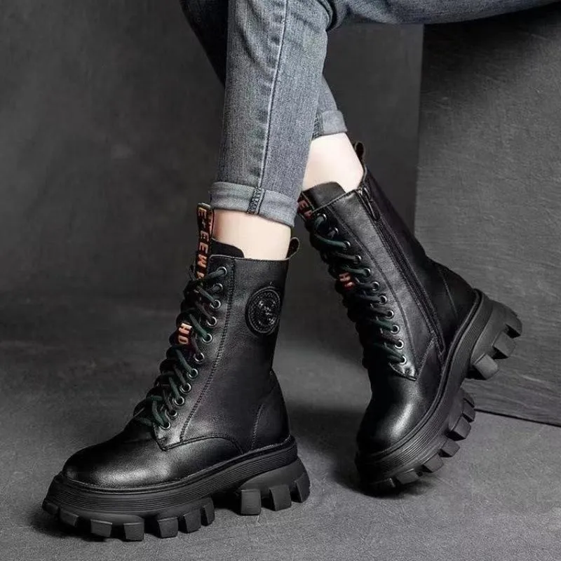 Handmade warm leather platform boots