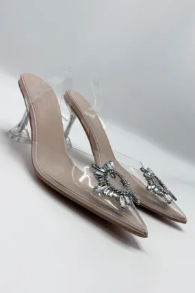 Leyra Diamante Brooch Slingback Perspex Court Shoes in Clear