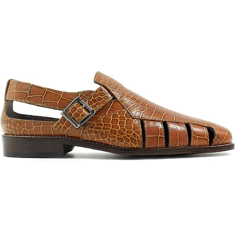 Men Casual Crocodile Print Leather Fisherman Sandals