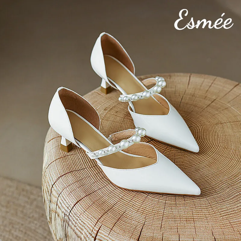 Patent Leather High Heels with Pearl Design Straps