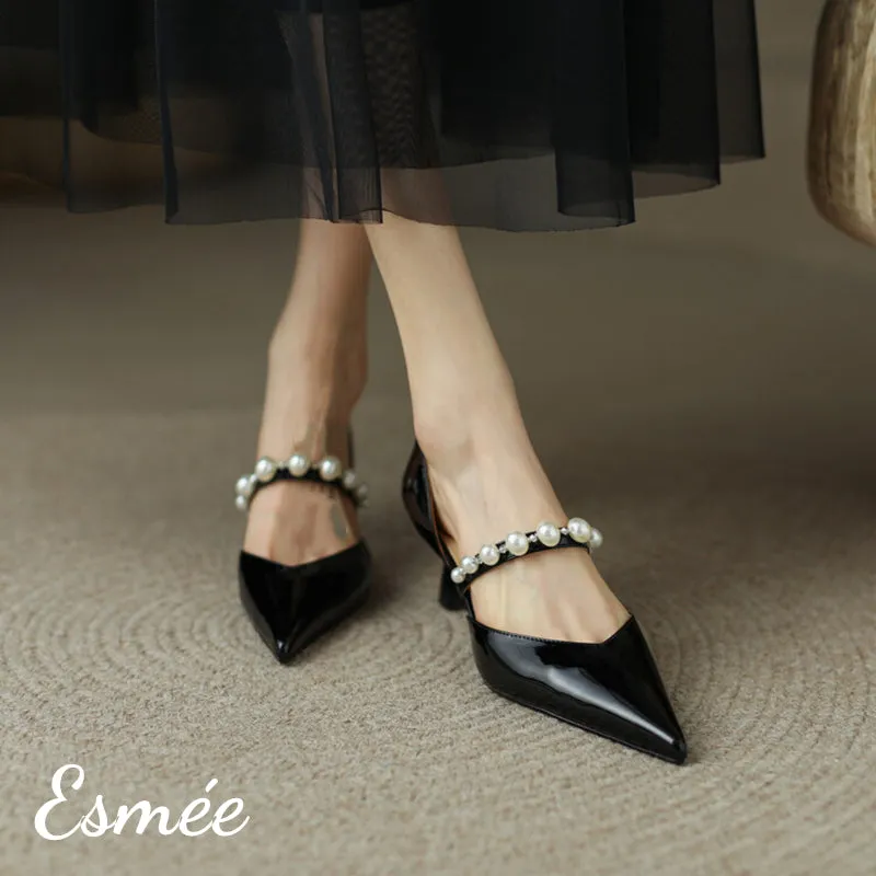 Patent Leather High Heels with Pearl Design Straps