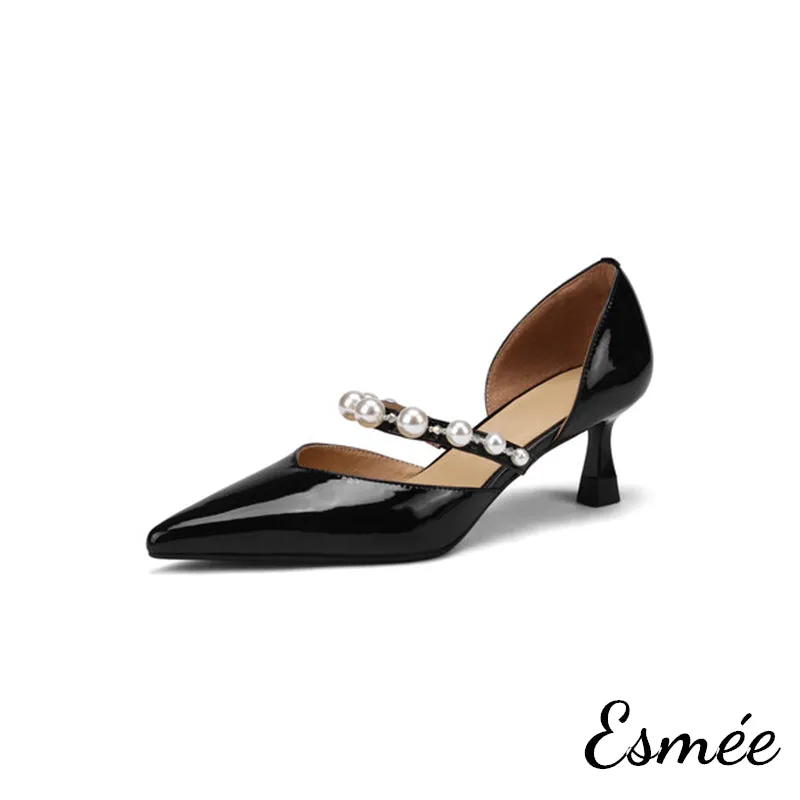 Patent Leather High Heels with Pearl Design Straps