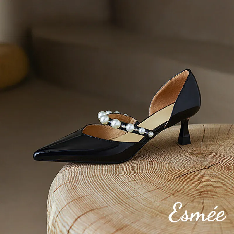 Patent Leather High Heels with Pearl Design Straps