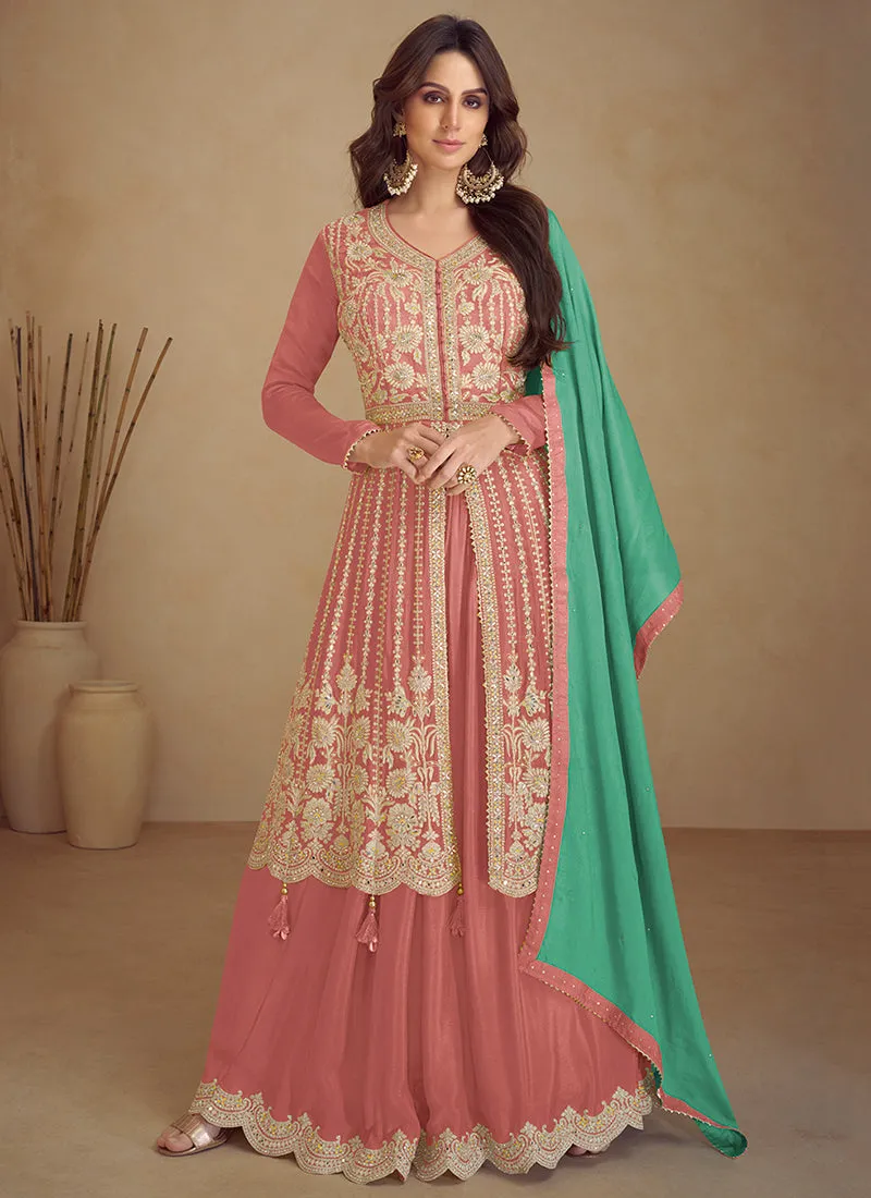 Peach And Green Traditional Embroidered Wedding Anarkali Lehenga