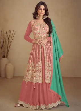 Peach And Green Traditional Embroidered Wedding Anarkali Lehenga