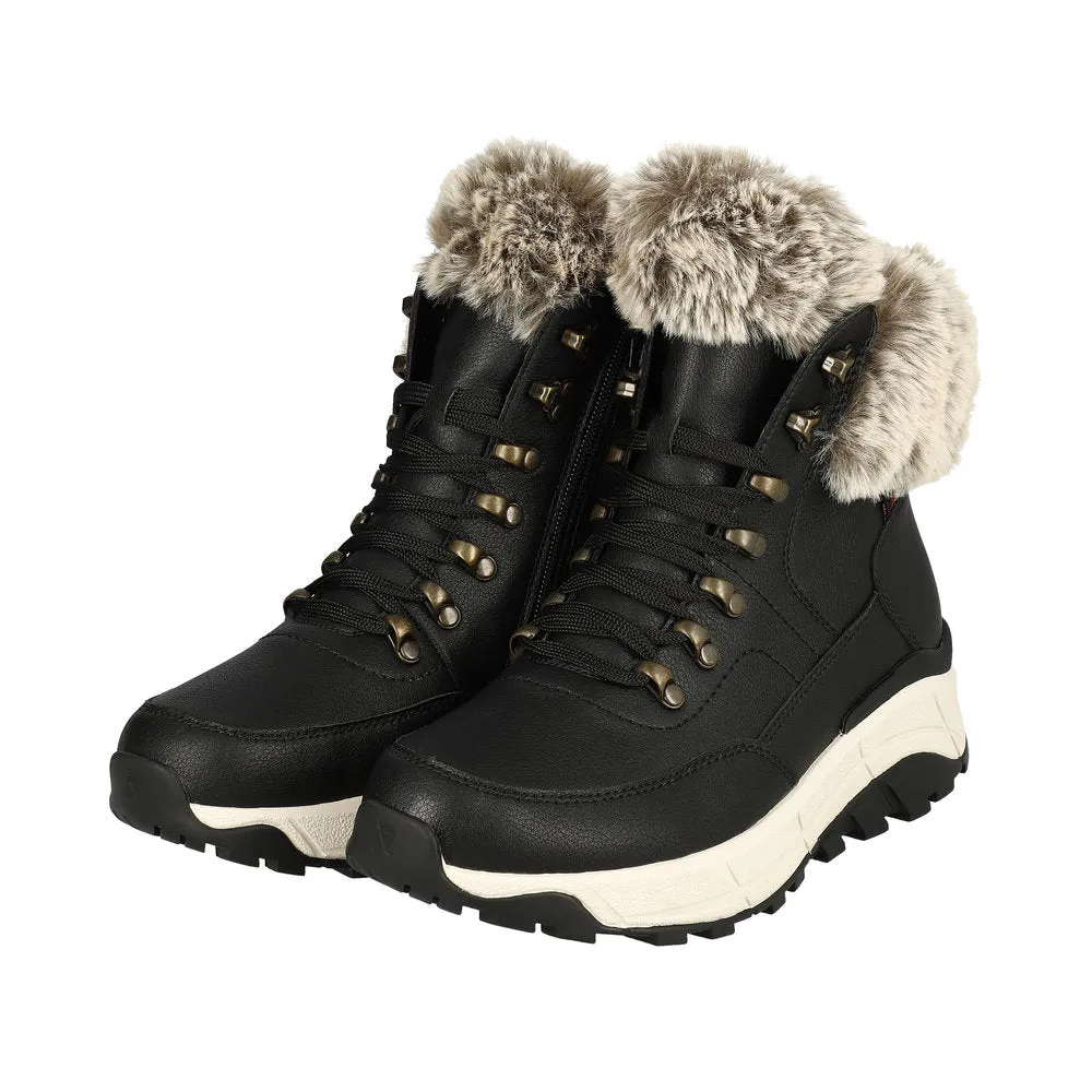 Rieker W0063-00 Ladies Black Leather Water Resistant Zip & Lace Ankle Boots
