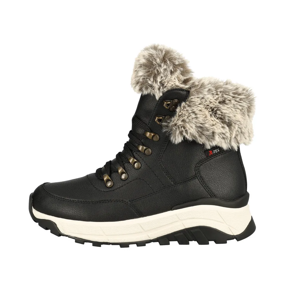 Rieker W0063-00 Ladies Black Leather Water Resistant Zip & Lace Ankle Boots