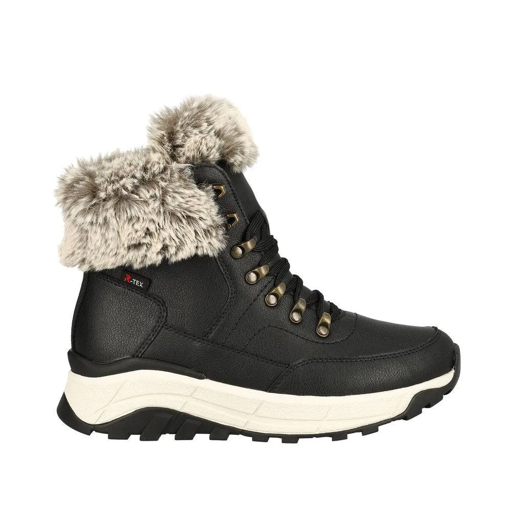 Rieker W0063-00 Ladies Black Leather Water Resistant Zip & Lace Ankle Boots