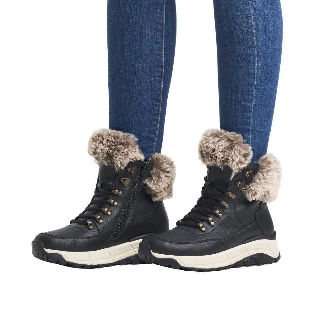 Rieker W0063-00 Ladies Black Leather Water Resistant Zip & Lace Ankle Boots
