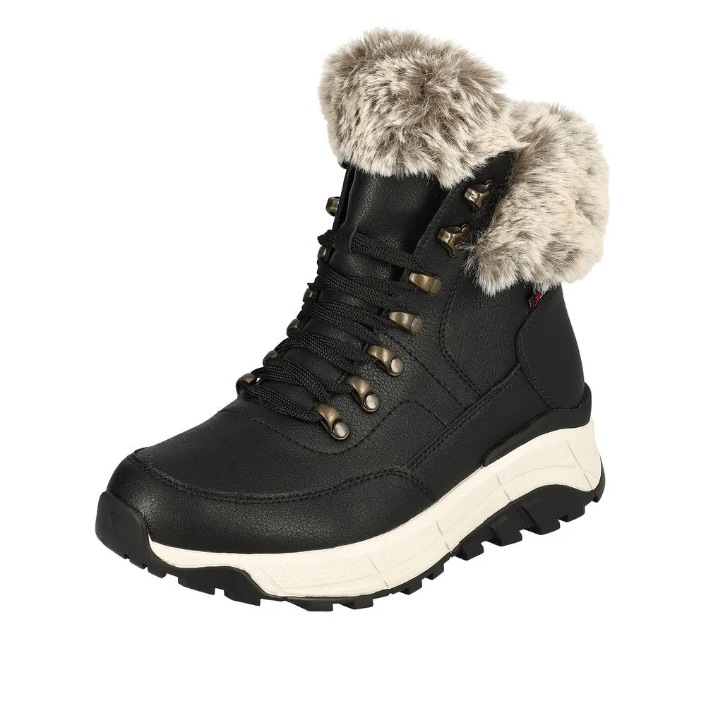 Rieker W0063-00 Ladies Black Leather Water Resistant Zip & Lace Ankle Boots
