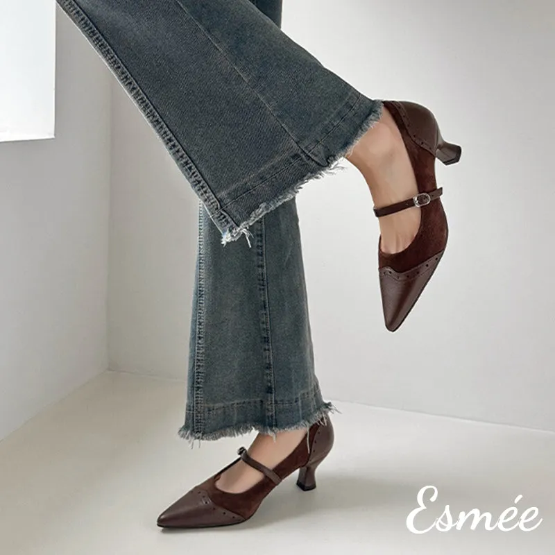 Suede High Heel Maryjanes with Brogue Design