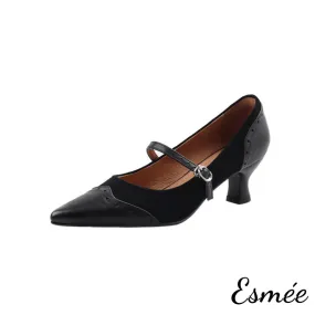 Suede High Heel Maryjanes with Brogue Design