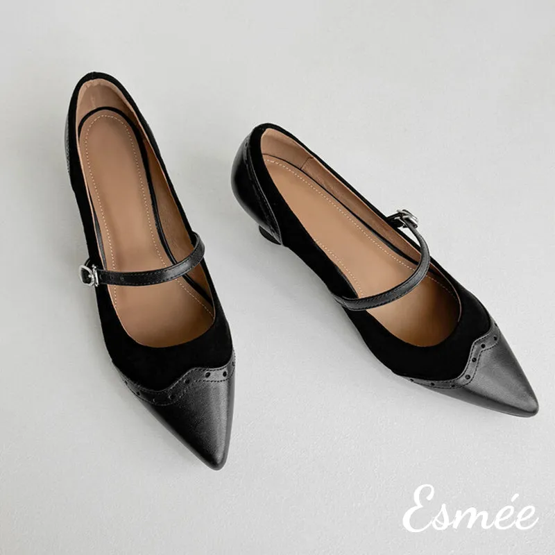 Suede High Heel Maryjanes with Brogue Design