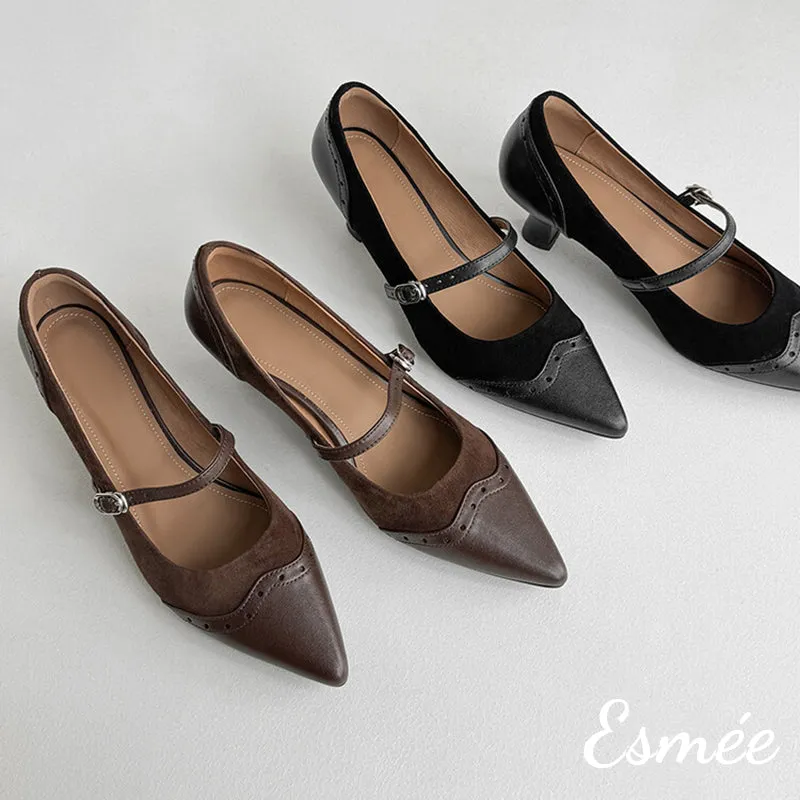 Suede High Heel Maryjanes with Brogue Design