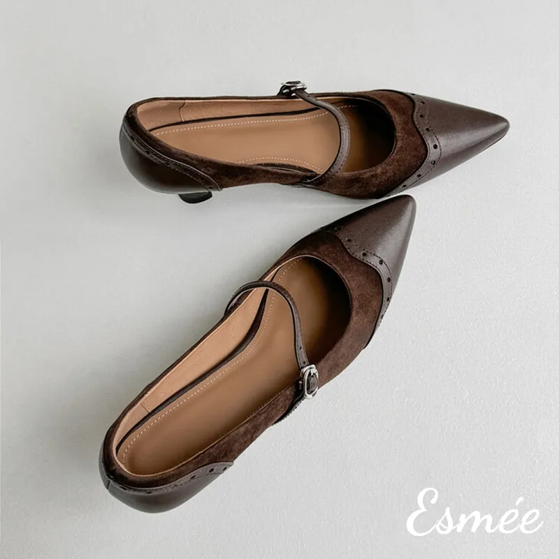 Suede High Heel Maryjanes with Brogue Design