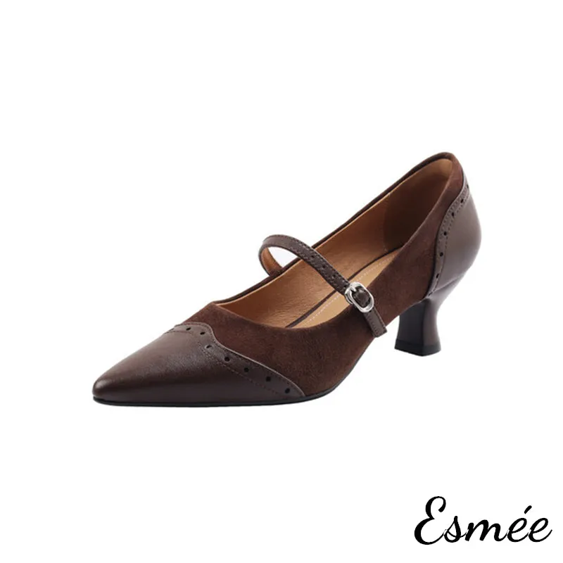 Suede High Heel Maryjanes with Brogue Design