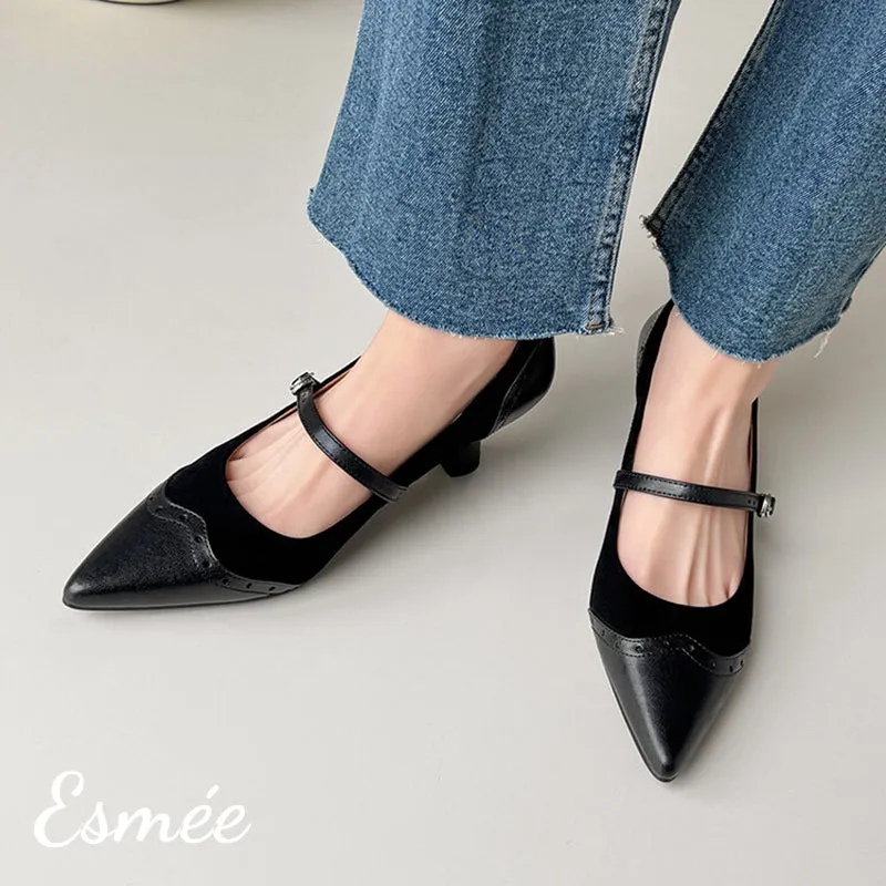 Suede High Heel Maryjanes with Brogue Design