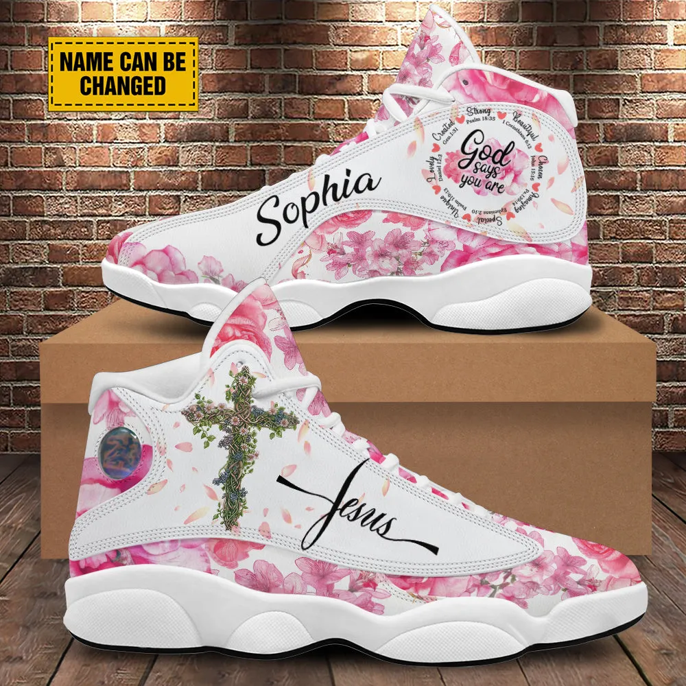 Teesdily | Customized God Says You Are Basketball Shoes, Jesus Cross Rose Running Shoes, Christ Flowers Sports Shoes For Women