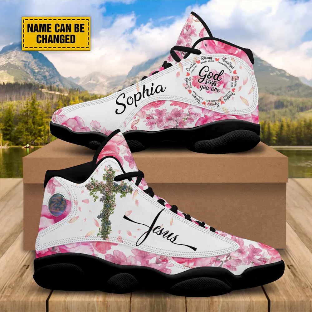 Teesdily | Customized God Says You Are Basketball Shoes, Jesus Cross Rose Running Shoes, Christ Flowers Sports Shoes For Women