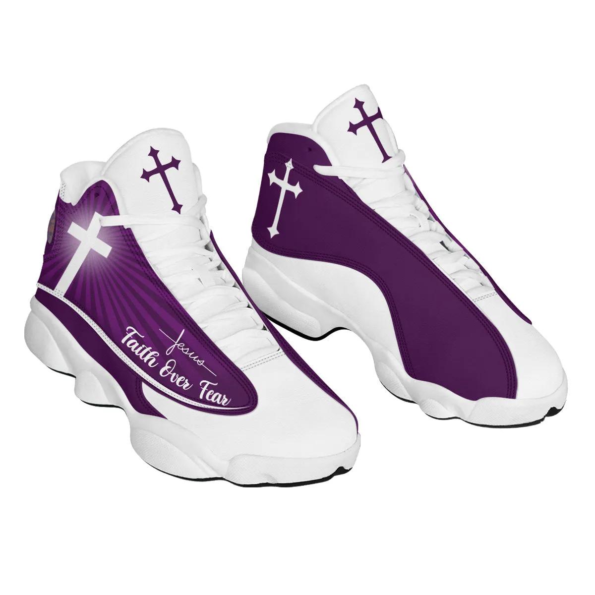 Teesdily | Customized Jesus Faith Over Fear Basketball Shoes, Jesus Purple Design, Jesus Lovers Gift, Christian Unisex Shoes