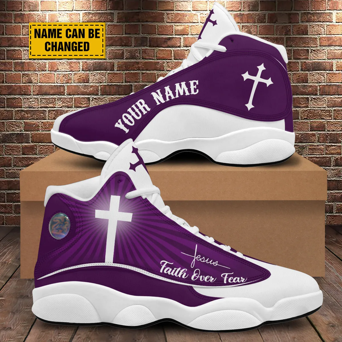 Teesdily | Customized Jesus Faith Over Fear Basketball Shoes, Jesus Purple Design, Jesus Lovers Gift, Christian Unisex Shoes