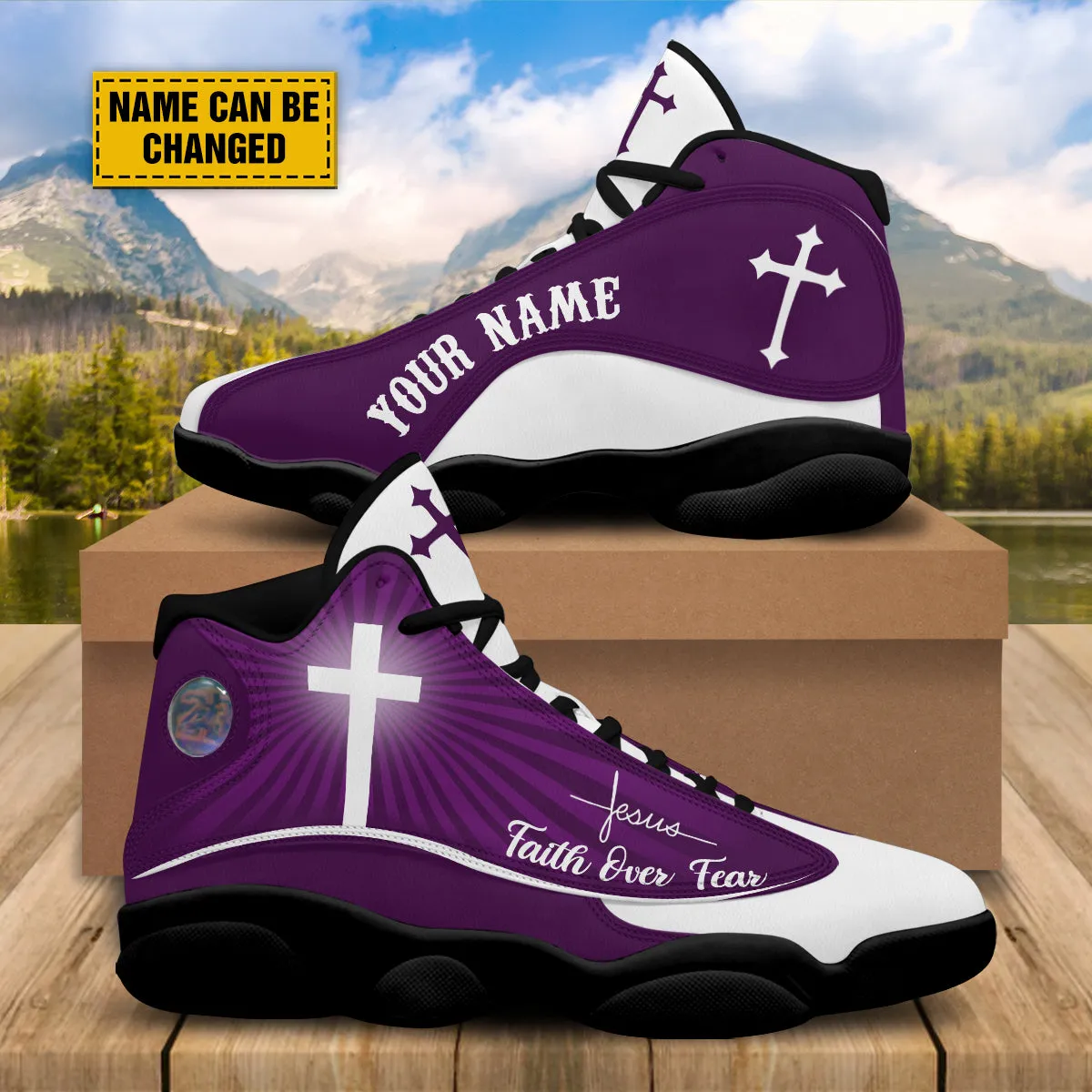 Teesdily | Customized Jesus Faith Over Fear Basketball Shoes, Jesus Purple Design, Jesus Lovers Gift, Christian Unisex Shoes