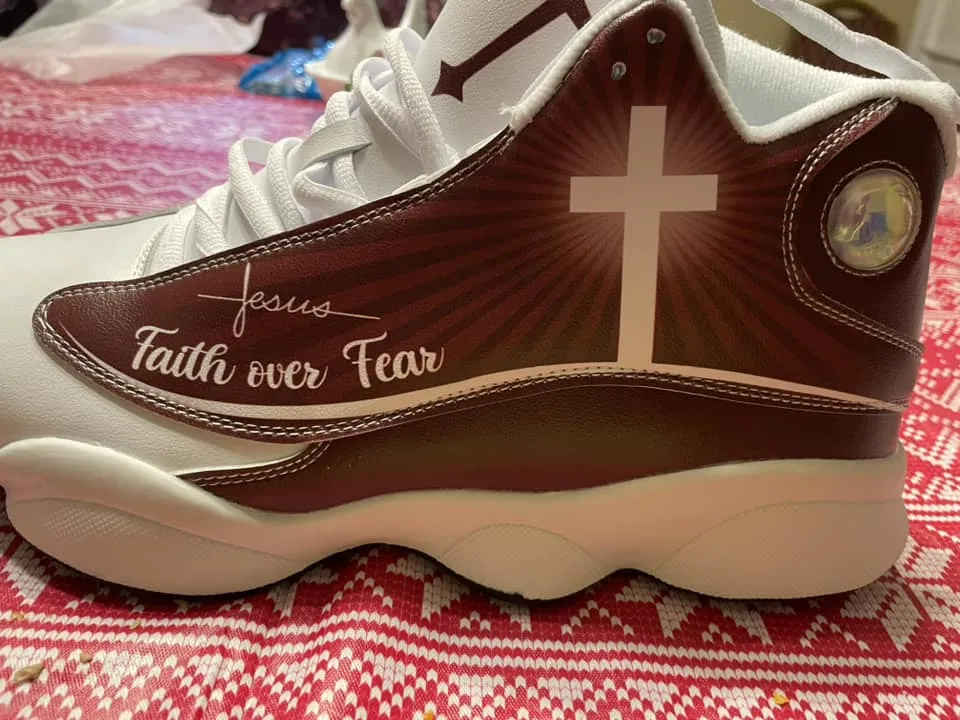 Teesdily | Customized Jesus Faith Over Fear Basketball Shoes, Jesus Purple Design, Jesus Lovers Gift, Christian Unisex Shoes