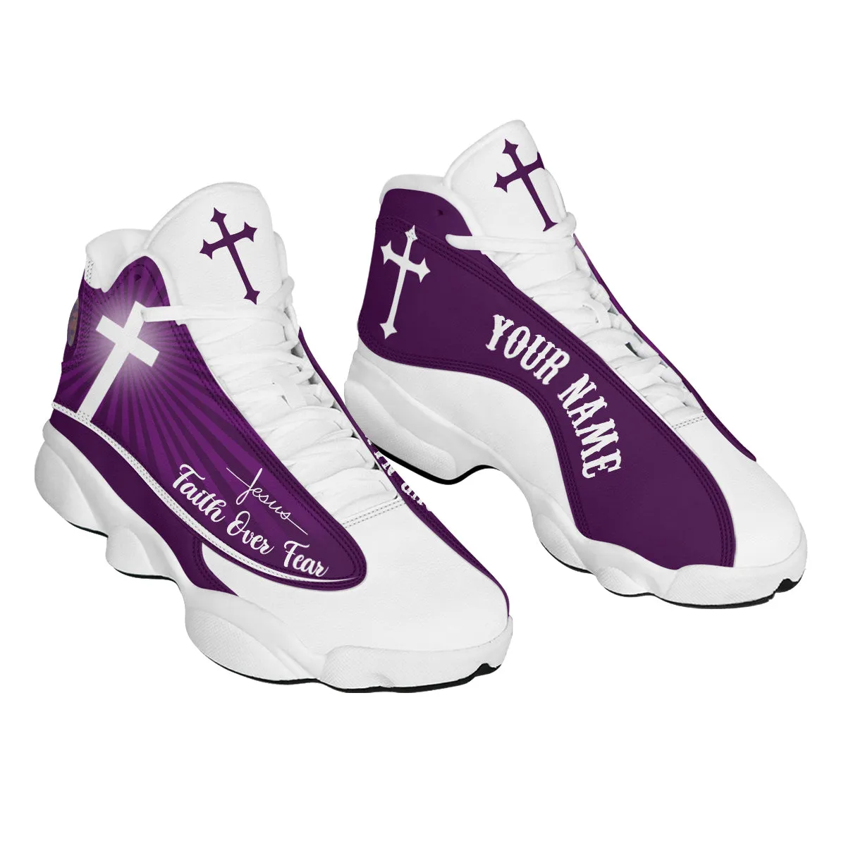 Teesdily | Customized Jesus Faith Over Fear Basketball Shoes, Jesus Purple Design, Jesus Lovers Gift, Christian Unisex Shoes