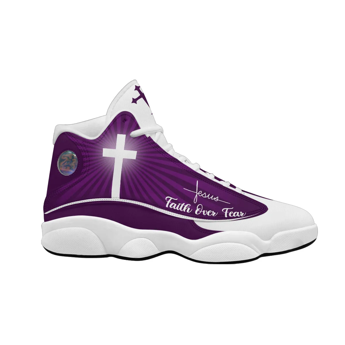 Teesdily | Customized Jesus Faith Over Fear Basketball Shoes, Jesus Purple Design, Jesus Lovers Gift, Christian Unisex Shoes