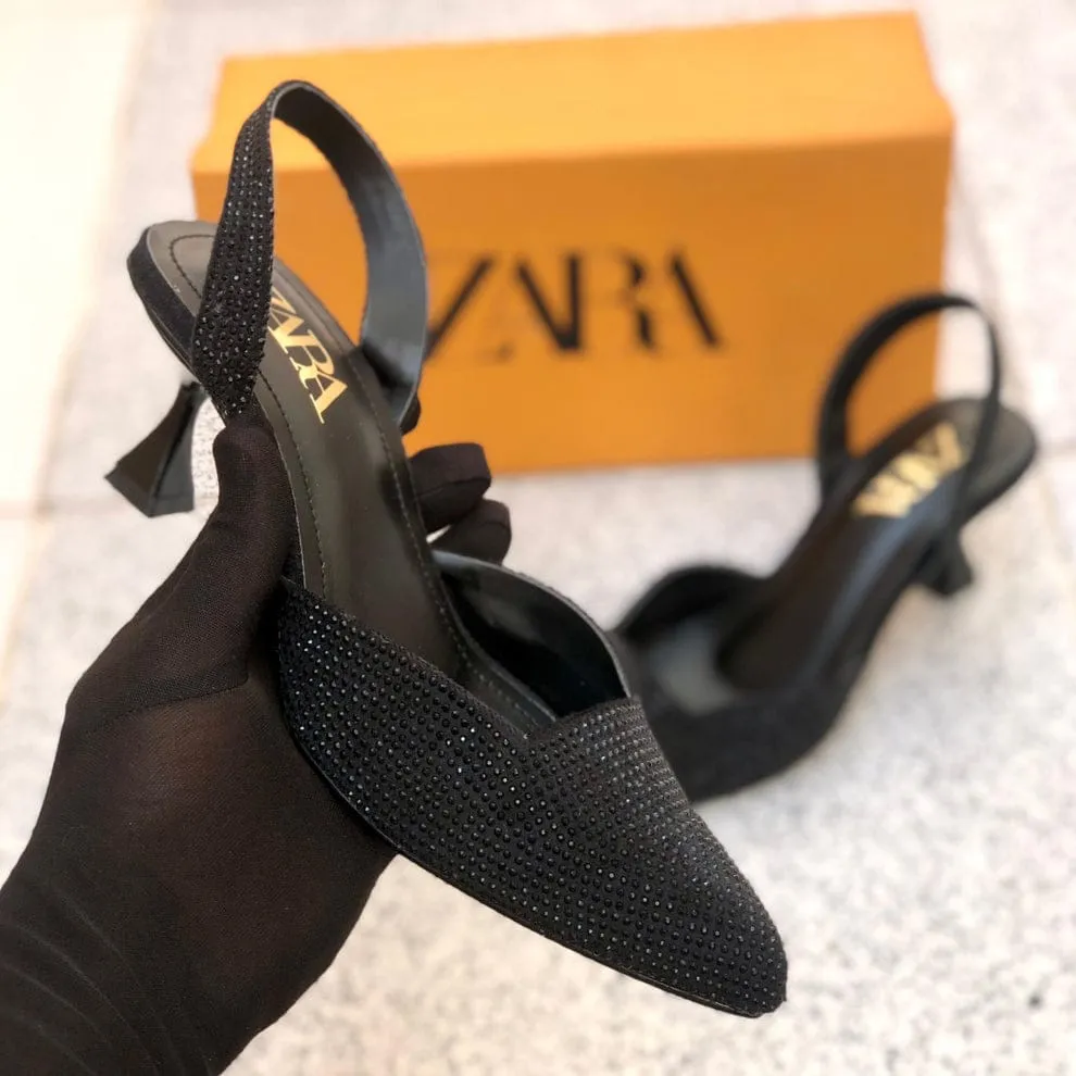 ZARA STONE EMBELLISHED KITTEN HEELS - BLACK