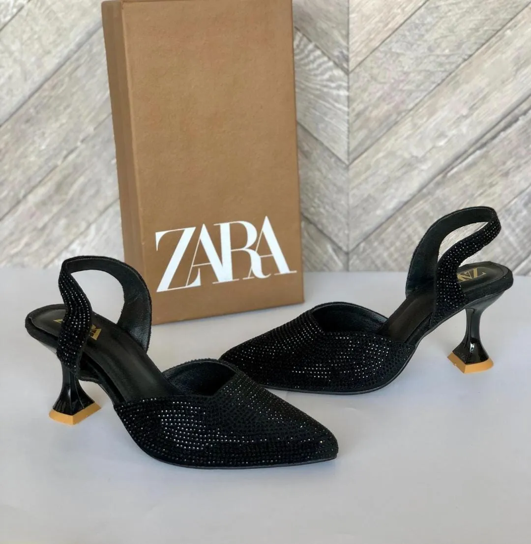 ZARA STONE EMBELLISHED KITTEN HEELS - BLACK